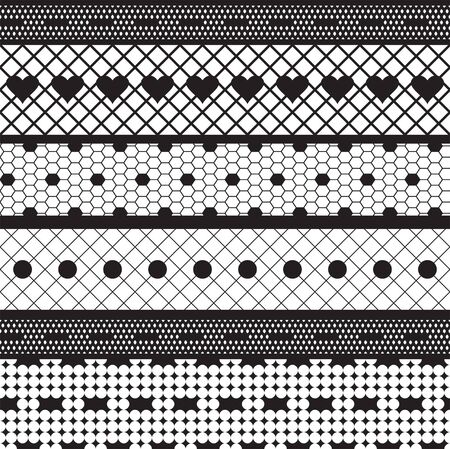 Black lace ribbons vector fabric seamless  pattern with heartsのイラスト素材