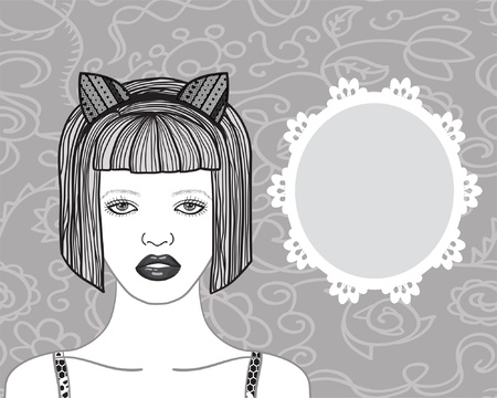 Pretty young woman and vintage lacy frame with doilyのイラスト素材