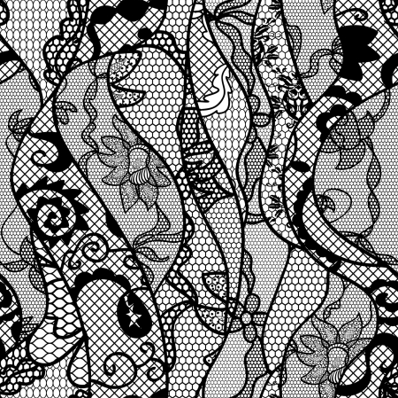 Black lace  fabric seamless pattern with lines and wavesのイラスト素材
