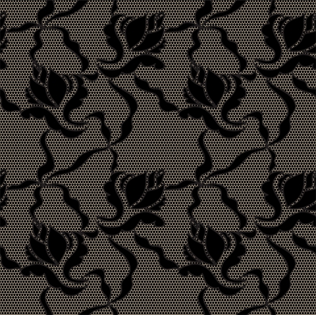 Black lace vector fabric seamless pattern with lines and flowersのイラスト素材