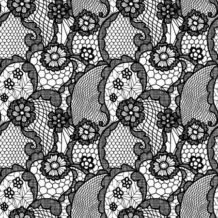 Lace black seamless pattern with flowers on white backgroundのイラスト素材