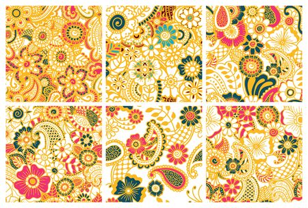 Paisley mehndi seamless colorful patterns collection. Set of patterns. Vector illustrationのイラスト素材