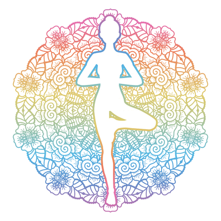 Mandala round background. Women silhouette. Yoga tree pose. Vrikshasana. Vector illustrationのイラスト素材