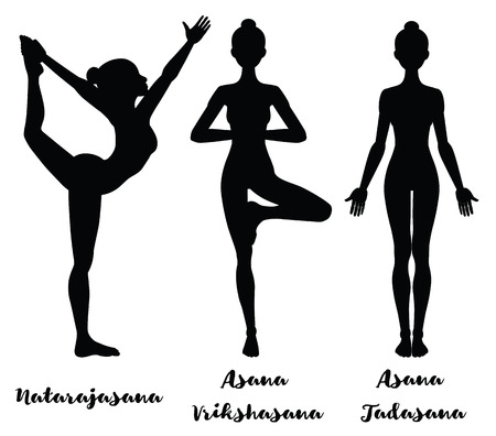 Women silhouette. Lord of the dance yoga pose. Natarajasana. mountain . Tadasana. tree . Vrikshasanaのイラスト素材