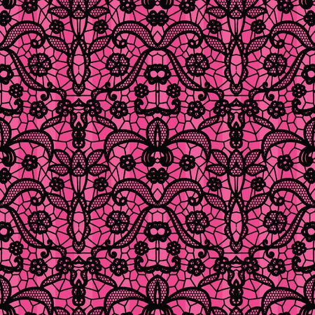Black lace seamless pattern with flowers on pink backgroundのイラスト素材