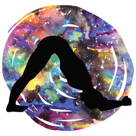 Women silhouette on galaxy astral background. Dolphin Yoga Pose. Ardha Pincha Mayurasana Vector illustrationのイラスト素材