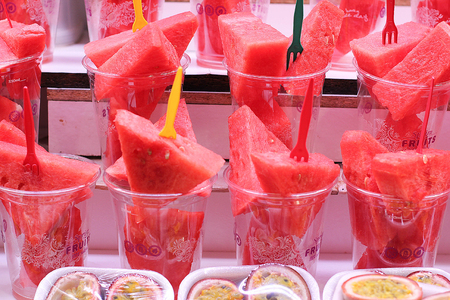 Juicy watermelon on market stand in Barcelonaの写真素材