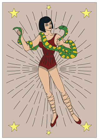 Vintage circus illustrations collection, woman with snake. Vector illustration.のイラスト素材