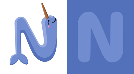 N is for Narwhal. Letter N. Narwhal cute illustration. Animal alphabet Vector illustration.のイラスト素材