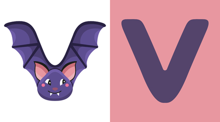 V is for Vampire bat. Letter V. Vampire bat, cute illustration. Animal alphabet Vector illustration.のイラスト素材