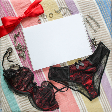 Lingerie and notebook. Top view. Womenly compositionの写真素材