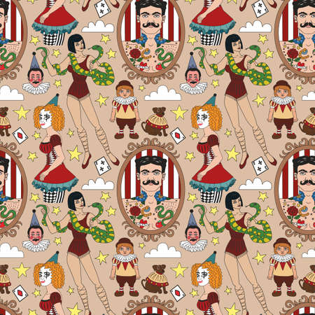 Vintage circus. Lineart illustrations for adult coloring book. Circus perfomers. Tattooed man, clown, tamer boy with dog, snake tamer, harlequinのイラスト素材