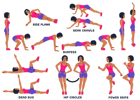 Burpees, bear crawls, hip circles, dead bug, side plank, power skips. Sport exersice. Silhouettes of woman doing exercise. Workout, training Vector illustrationのイラスト素材
