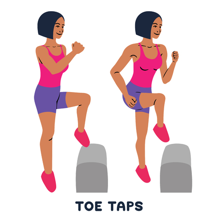 Toe taps. Sport exersice. Silhouettes of woman doing exercise. Workout, training Vector illustrationのイラスト素材
