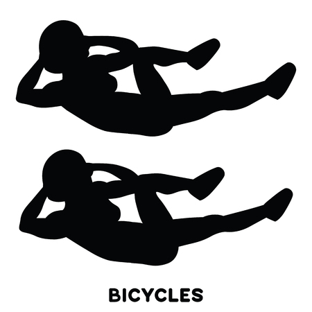 Bicycles. Elbow to cnee crunches. Cross body crunches. Sport exersice. Silhouettes of woman doing exercise. Workout, training Vector illustrationのイラスト素材