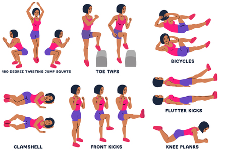 180 degree twisting jump squats. Toe taps. Bicycles. Clamshell. Front kicks. Knee planks. Sport exersice. Silhouettes of woman doing exercise. Workout, training Vector illustrationのイラスト素材