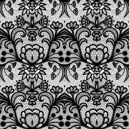 Lace black seamless pattern with flowers on white backgroundのイラスト素材