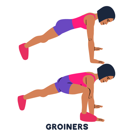 Groiners. Plank. Planking. Sport exersice. Silhouettes of woman doing exercise. Workout, training Vector illustrationのイラスト素材