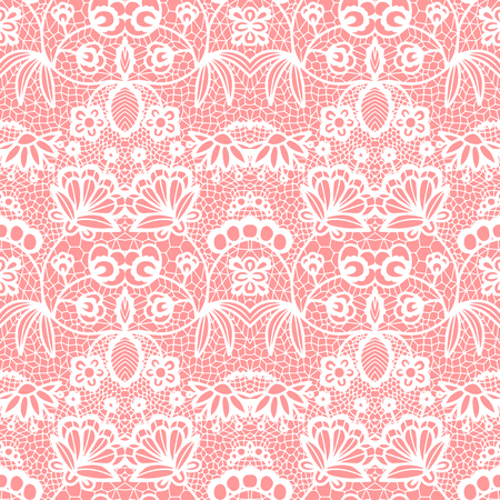 White lace seamless pattern with flowers on pink backgroundのイラスト素材