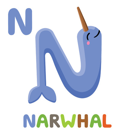 N is for Narwhal. Letter N. Narwhal., cute funny illustration Animal alphabetのイラスト素材