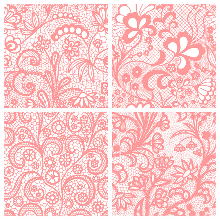 Pink lace seamless patterns with flowers on white backgroundのイラスト素材