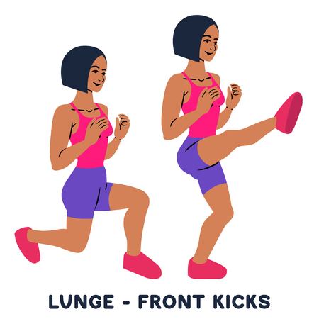 Lunges. Front kicks. Sport exersice. Silhouettes of woman doing exercise. Workout, training Vector illustrationのイラスト素材