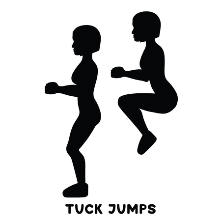 Tuck jumps. Sport exersice. Silhouettes of woman doing exercise. Workout, training Vector illustrationのイラスト素材
