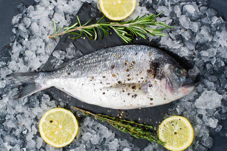 Dorado fish raw on a black chopping Board, ingredient rosemary, lemon, ice. Dark background, top...