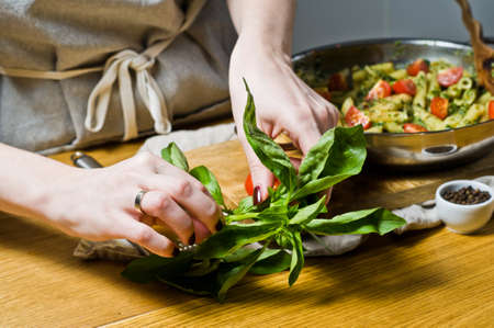 Chef rips off the Basil leaves. Black background, side view, space for text, kitchen