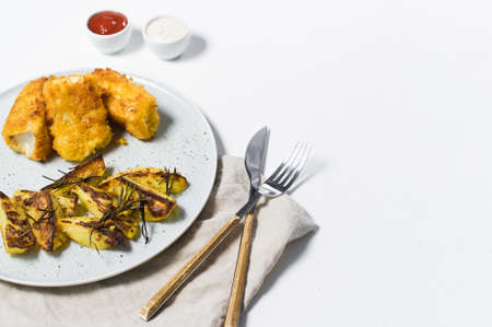 English traditional fish and chips. White background, top view, space for text