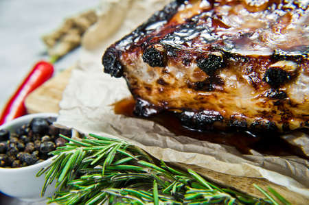 Barbecue pork ribs. Gray background, side view, close-upの写真素材