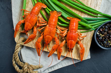 Cooked crayfish on a wooden chopping Board. Black background, side view, close-upの写真素材