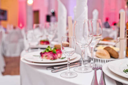 Dressed herring or herring under a fur coat. Traditional Russian cuisine. restaurant interior