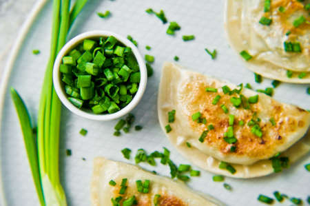 Homemade Korean dumplings, chopsticks, fresh green onions. Grey background, top view, close upの写真素材