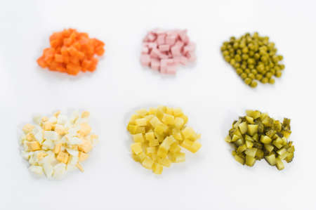 Ingredients for Russian salad on white backgroundの写真素材