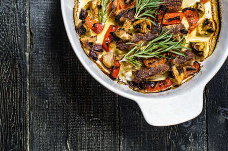 beef shish kebab with garnish of champignons, bell peppers and corn.の写真素材