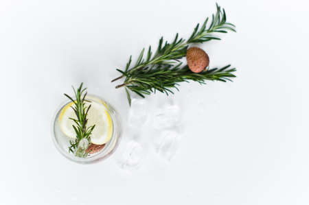 glass of clear water with lemon, rosemaryの写真素材