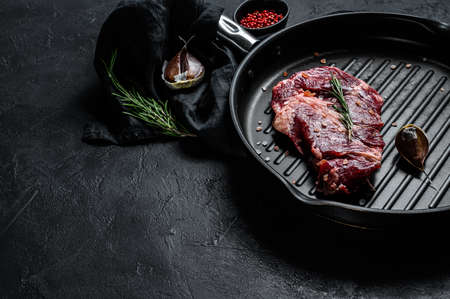 Rib eye steak, fillet of beef. Organic farm meat. Black background. Space for text.の写真素材