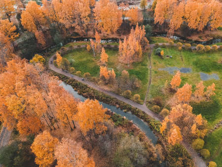 Aerial view on autumn Park in the suburbs of the city. St. Petersburg, Russiaの写真素材