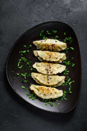 Plate of fried Korean dumplings on rustic black table. Dim sum on a plate. Top view.の写真素材