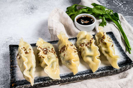 Steam Korean dumplings on a ceramic plate. Gray background. Top view.の写真素材