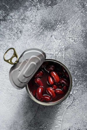 Can with Kidney Beans on grey background. Top view.の写真素材