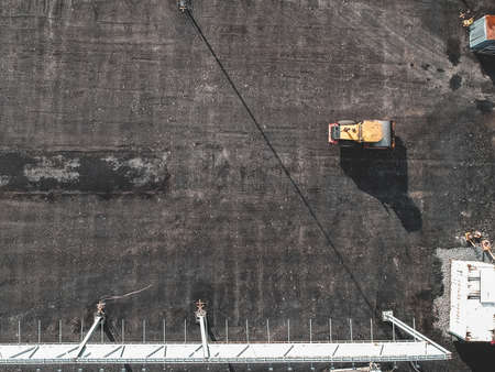 Aerialphoto road Repair, asphalt paver, roller, Flatley