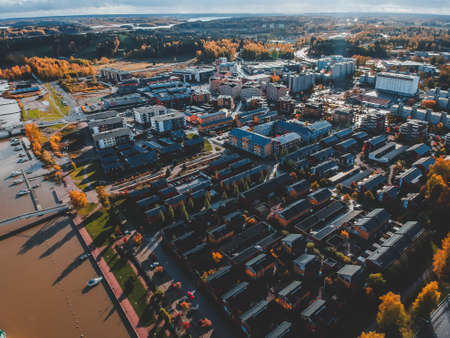 Aerial view of the historic city center, old houses, roofs, streets. Photo taken from a drone....
