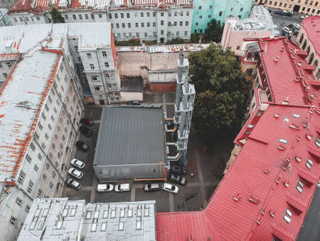 Aerial photo of the restaurant on the roof, terrace, center of St. Petersburg, roofs, river boats.
