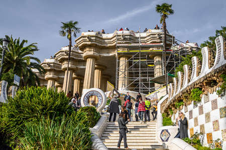 Park Guell by architect Antoni Gaudi . Designed houses, tourists. 03.01.2020 Barcelona, Spain