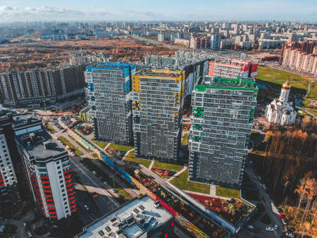 Ariel view high-rise apartment buildings, modern architecture. Russia, Saint Petersburg