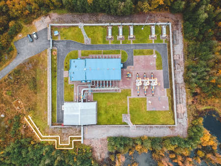 aerialphoto water treatment plants, factory in the coniferous forest. The Solid Contact Clarifier...