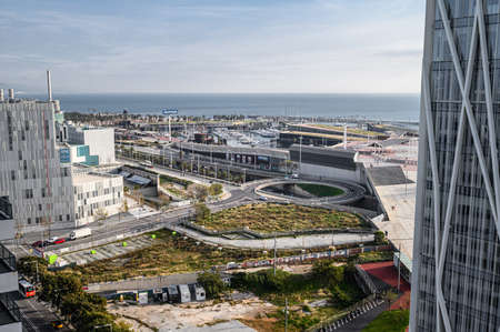 Aerial view of the city in the area diagonal mar i el front martim del poblenou and the port....