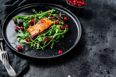 Seafood salad with trout, arugula, lettuce and cranberries. Black background. Top view. Copy space.の写真素材